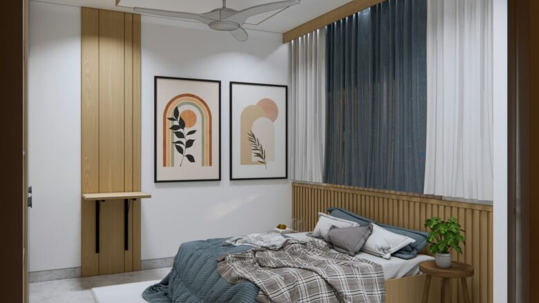 "Minimalist bedroom with clean lines, neutral colors, and clutter-free decor for beginners"